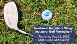 Image of a golf ball and club on the grass with the text "Northwest Neighbors Village Inaugural Golf Tournament. Thursday, May 28, 2026. Sligo Creek Golf Course.